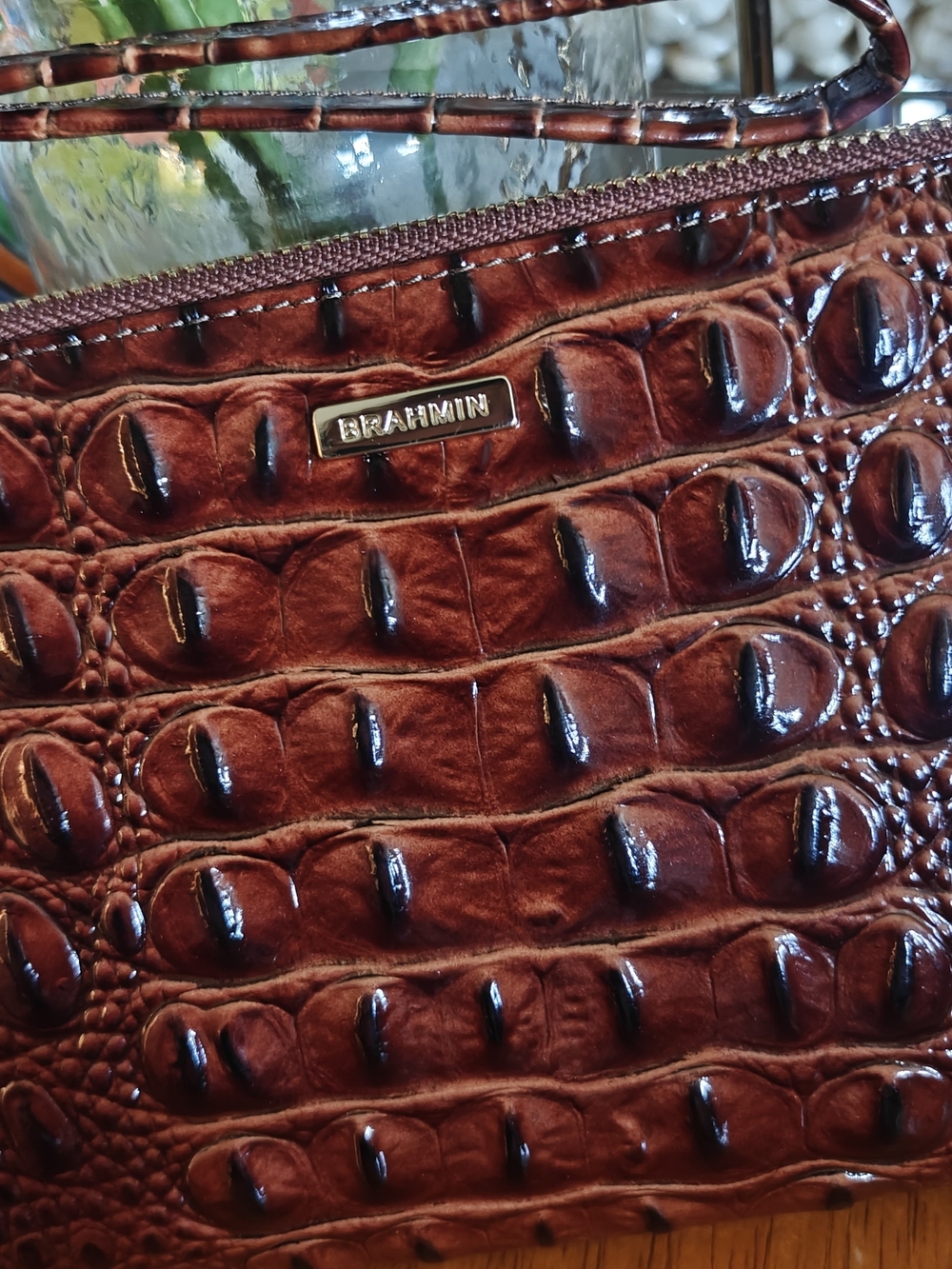 Brahmin Glossy Croc-Embossed Wristlet in Chestnut Brown